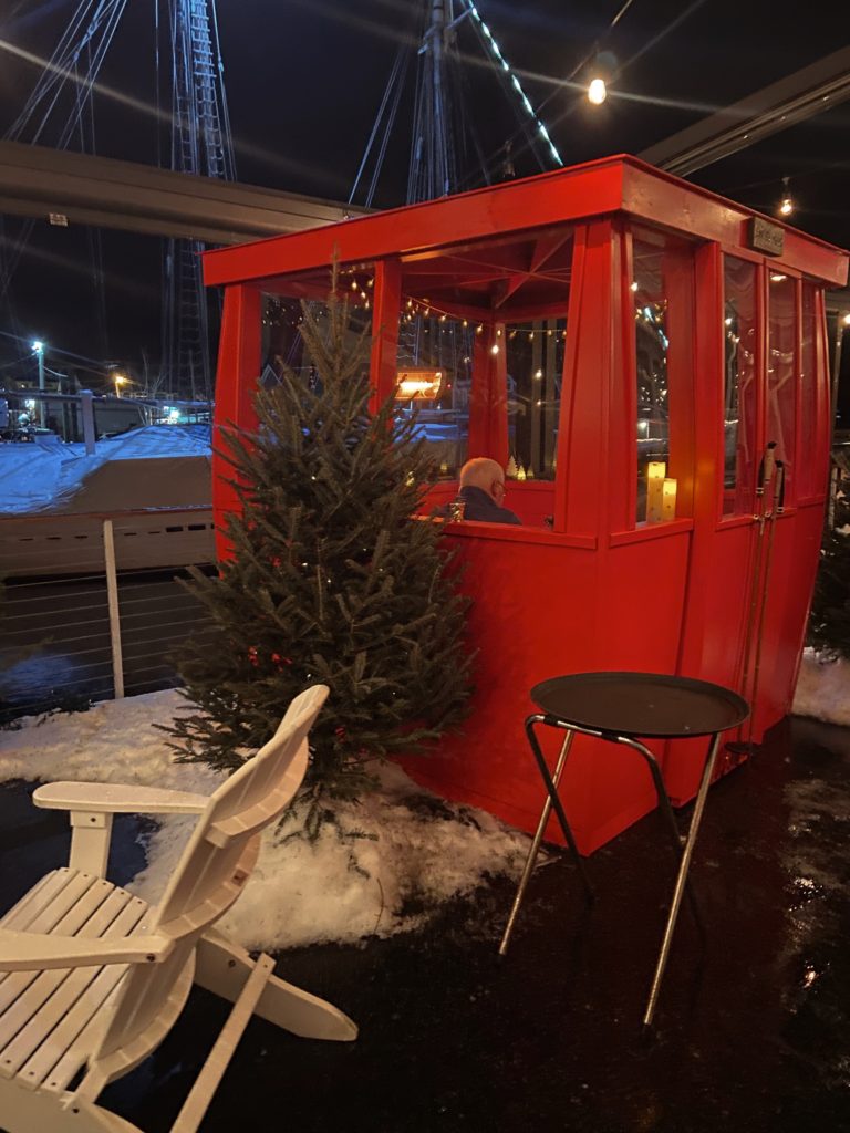 dine in a ski gondola at The Boathouse Restaurant in Kennebunkport, Maine | winter things to do in maine | ski gondola dining the boathouse | dine in a gondola in maine | winter fun in new england |